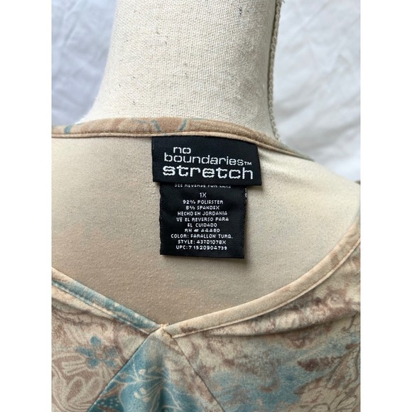 No Boundaries Top 1X Teal Brown Floral V-Neck 3/4 Sleeve Boho Blouse y2k 2000s - Picture 5 of 7